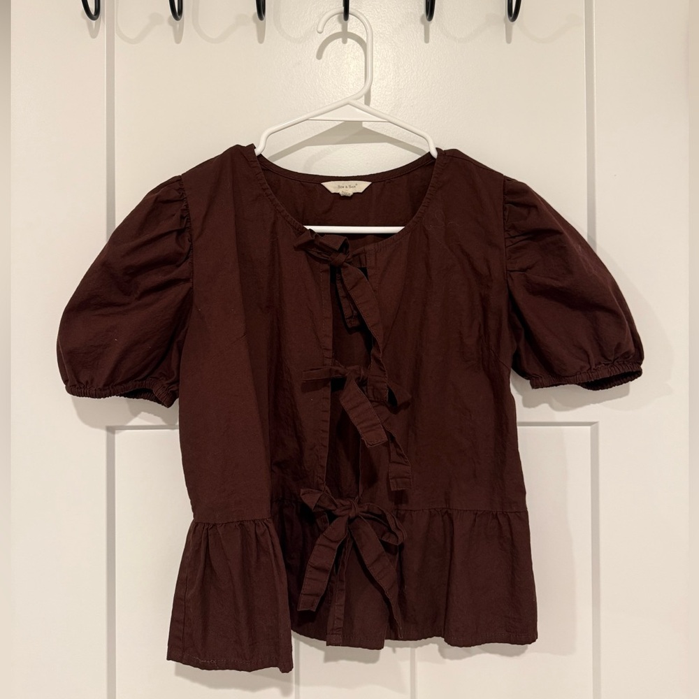 Brown Ruffled Peplum Blouse with Tie Front